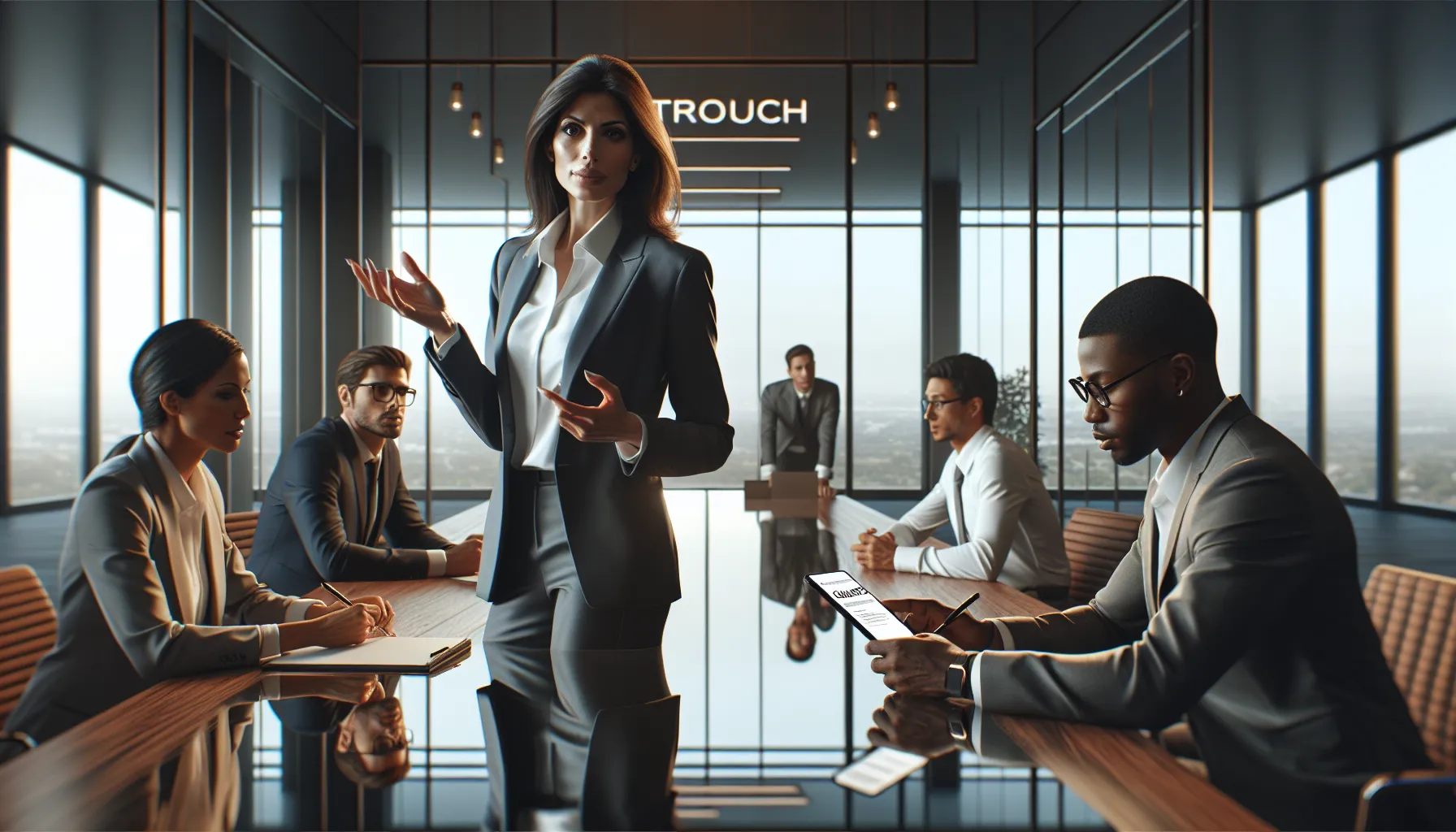 diverse professionals discussing outreach in a modern office.