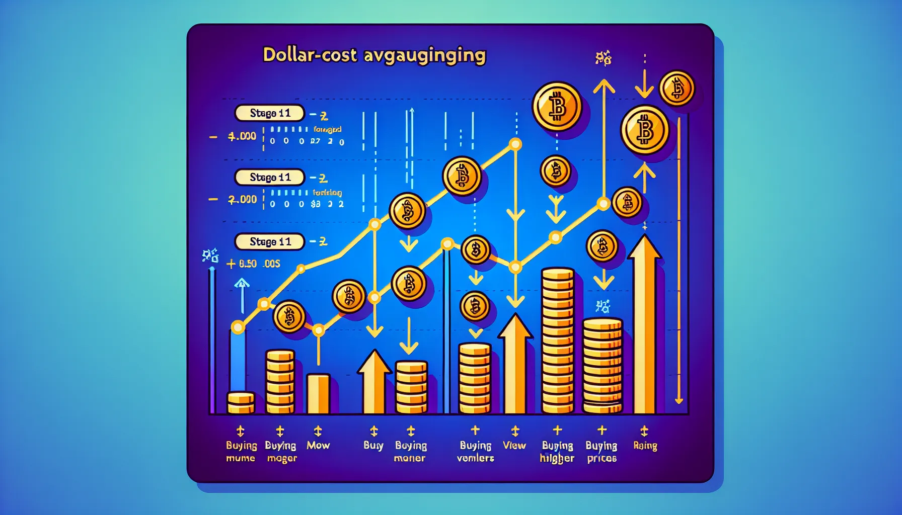 Vertical diagram showing dollar-cost averaging stages in crypto with recurring purchases and price fluctuations.