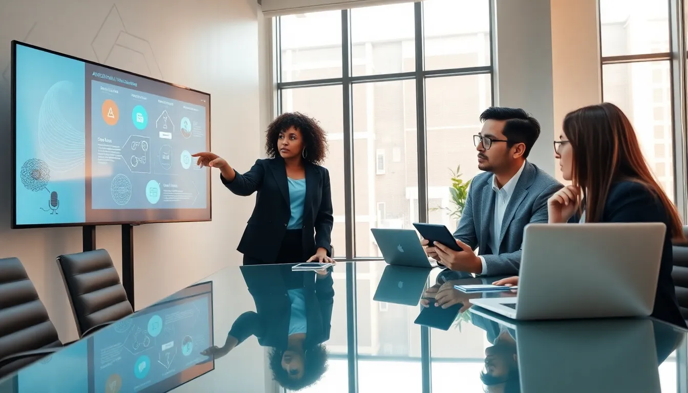 diverse team discussing artificial intelligence in a modern office.