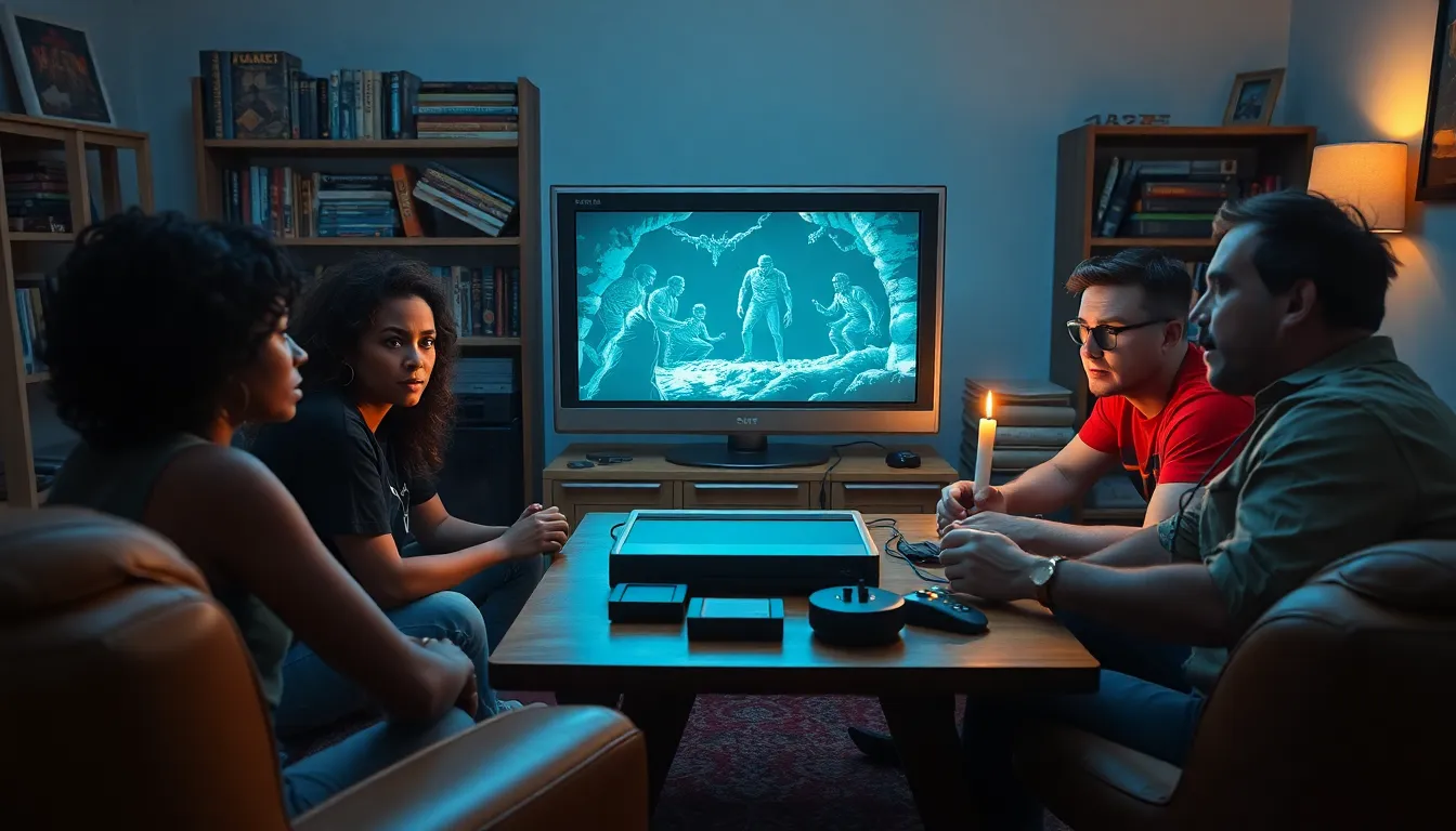 diverse gamers playing an 8-bit horror game in a nostalgic setting.