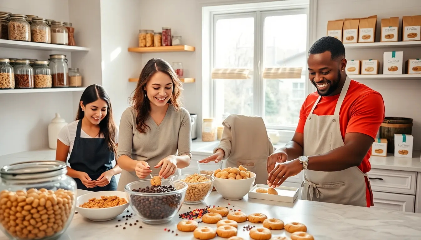 Diverse bakers making cookies in a sunny kitchen.