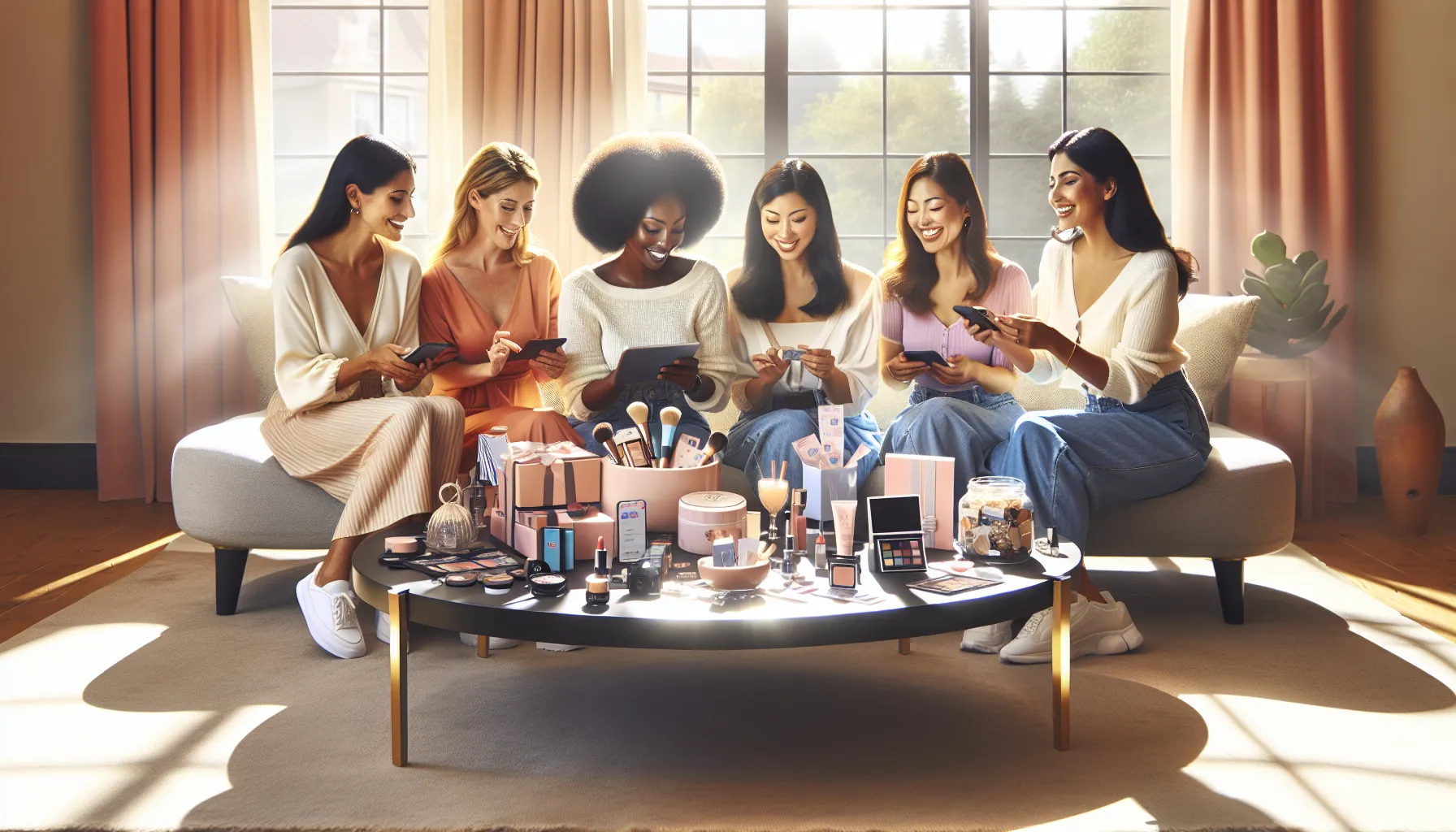 Moms discussing online giveaways in a bright living room.