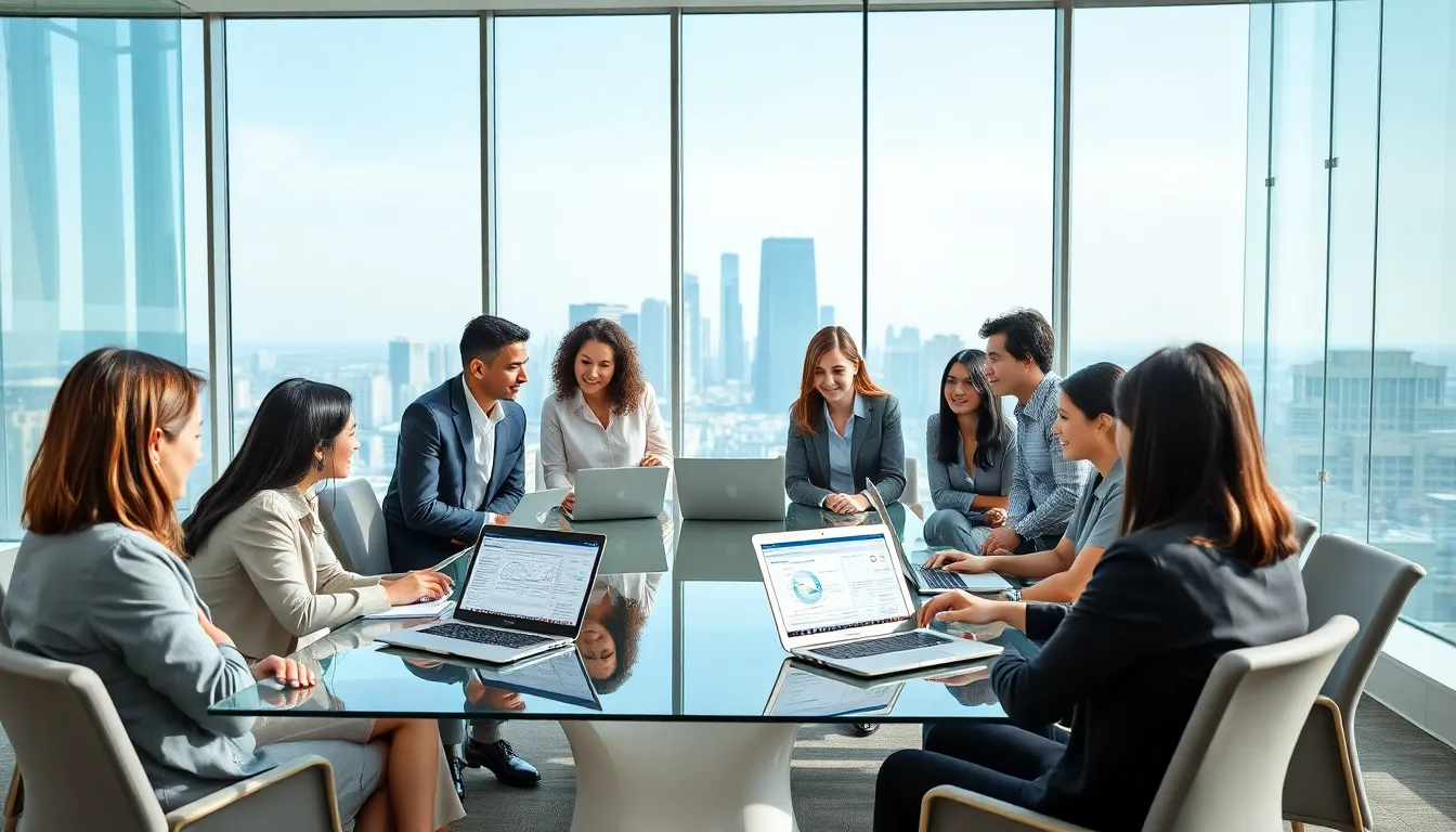 diverse HR team discussing Myhrpeoplestrong in a modern office.