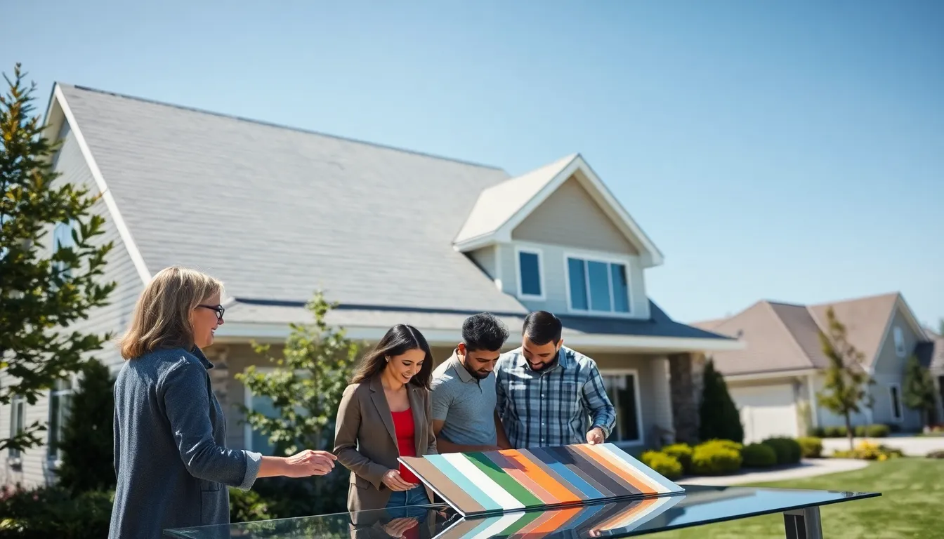 homeowners discussing vinyl roofing options outside a modern house.