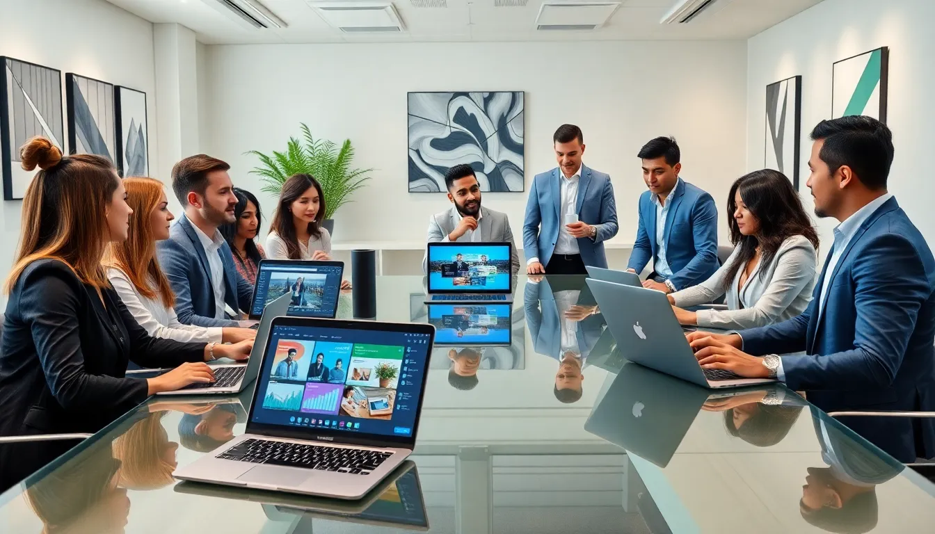 diverse team collaborating with multimedia presentations in a modern office.