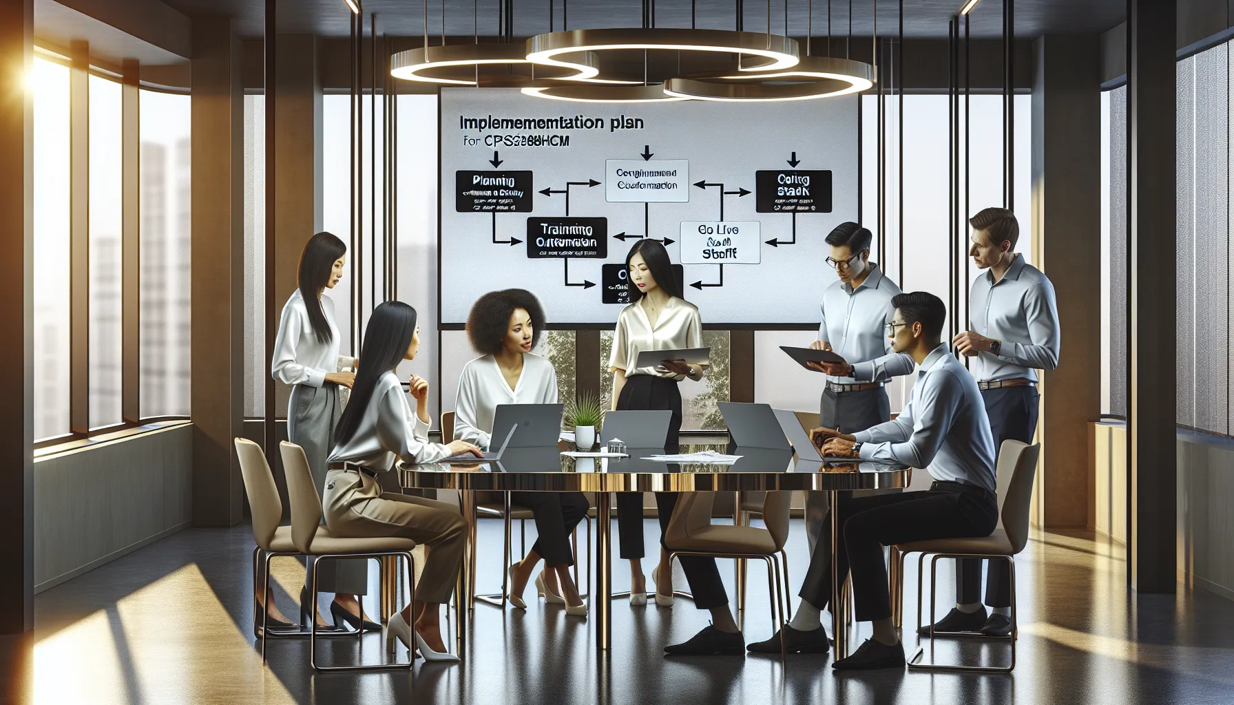 diverse team strategizing implementation of CPS288HCM in a modern office.