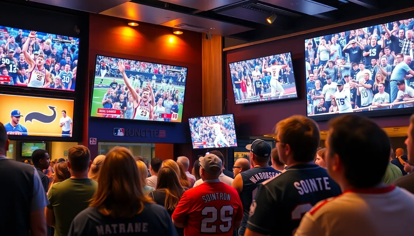 fans celebrating sports highlights in a lively bar setting.