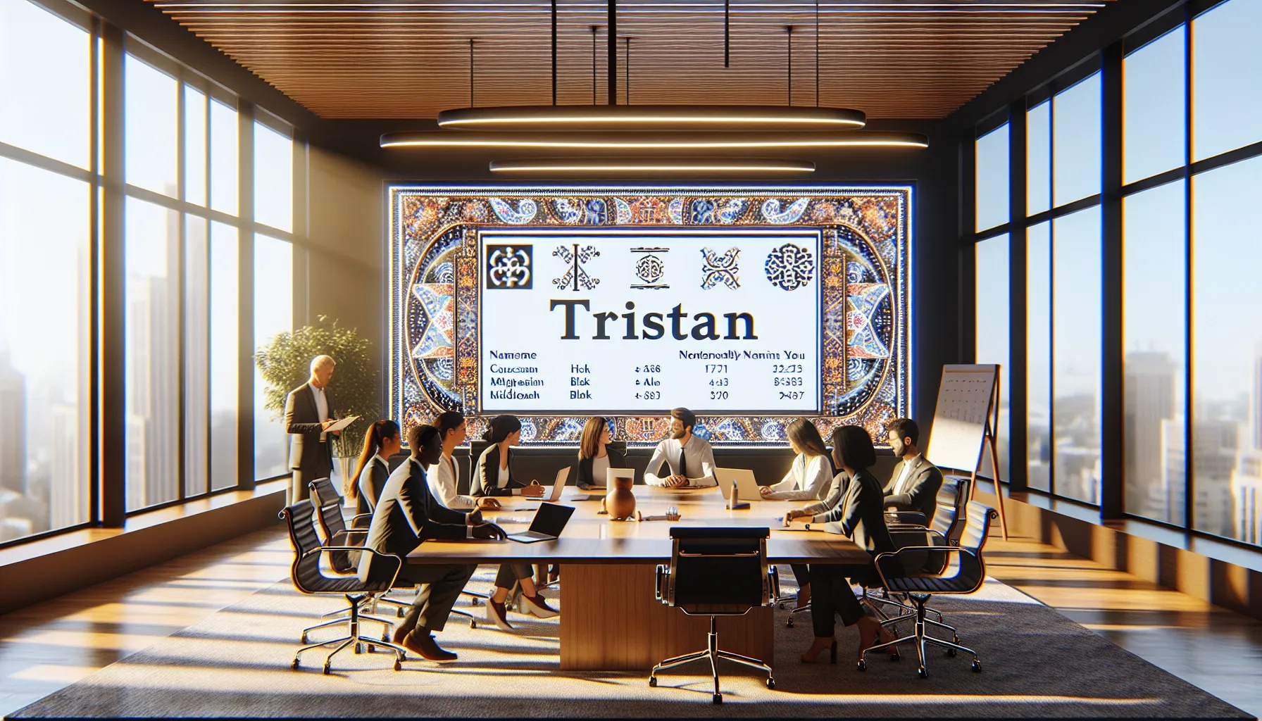diverse professionals discussing name variations in a modern office.