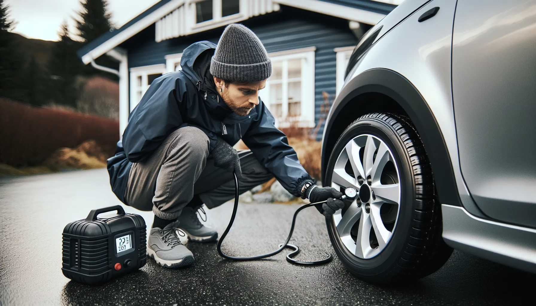 Man checks tire pressure and uneven tread wear on a car in norway.