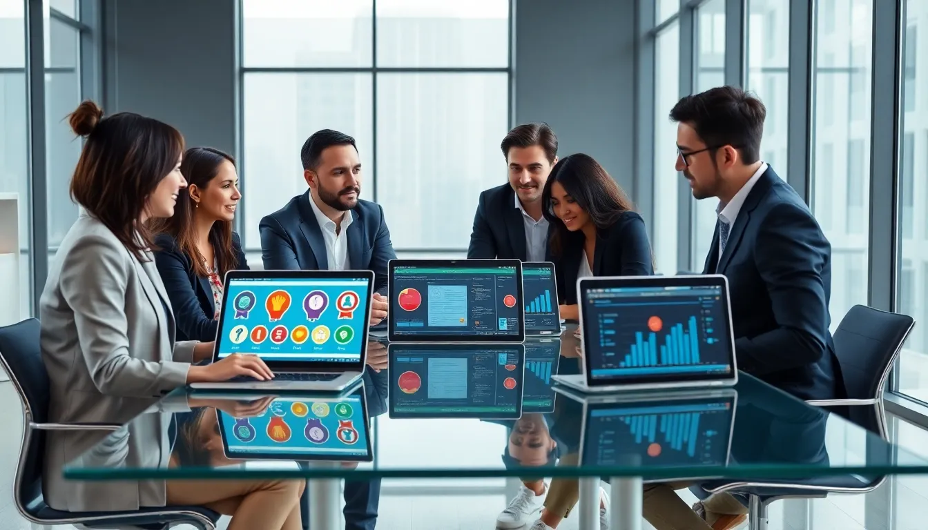 professionals collaborating on gamification strategies in a modern office.