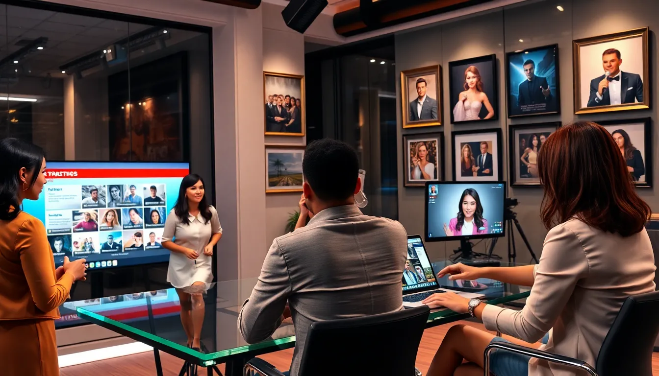 diverse journalists in a modern newsroom focused on entertainment reporting.