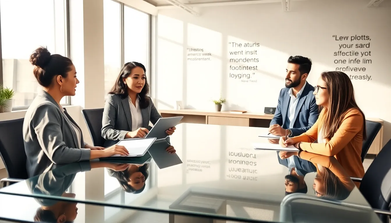 diverse professionals collaborating in a modern office discussing motivation.