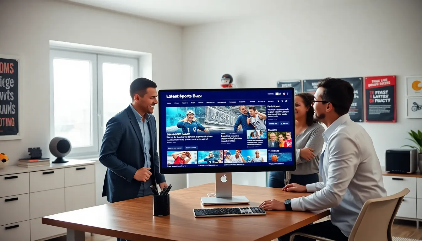 team discussing sports news in a modern office.