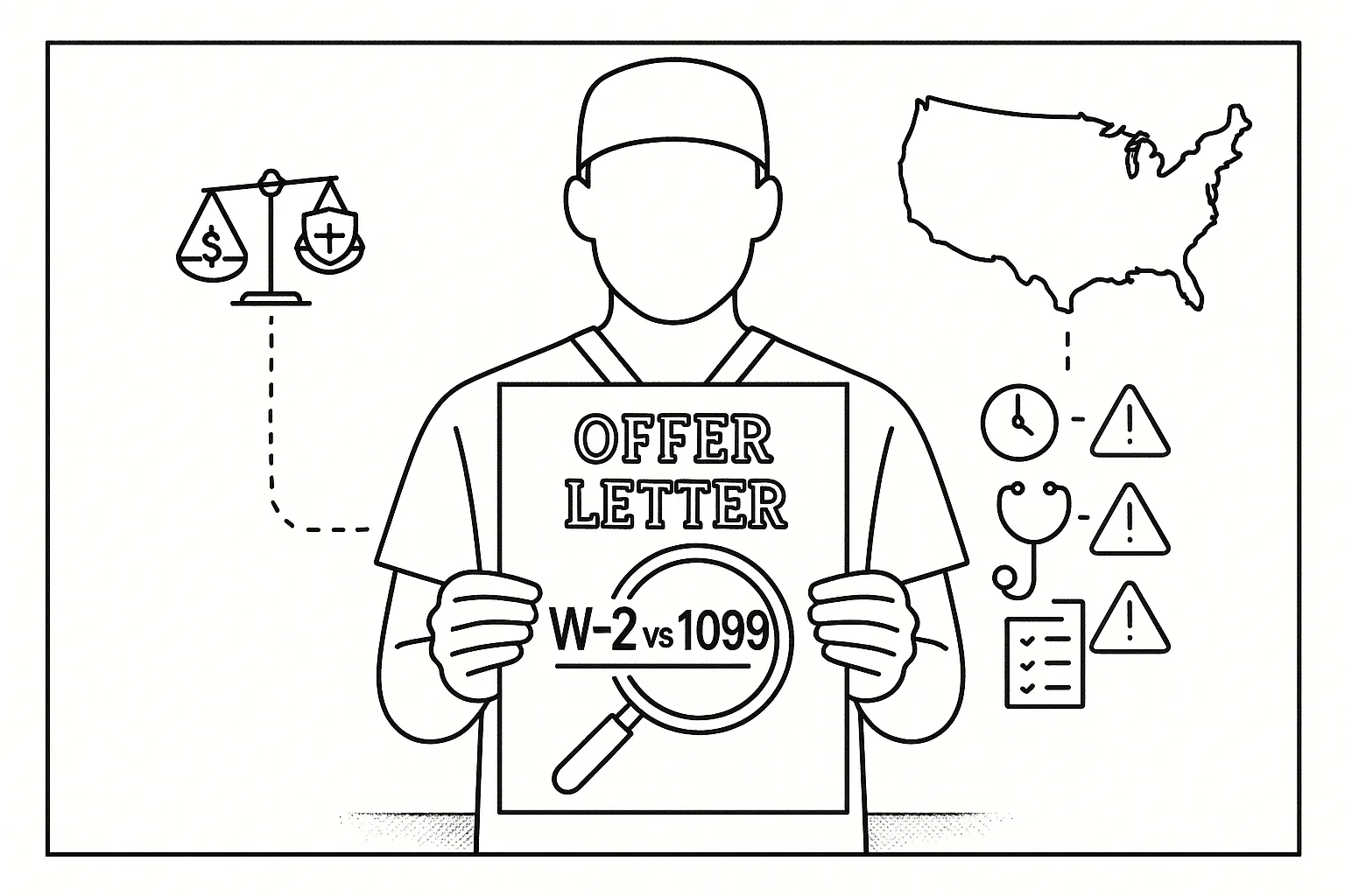 PA holding an offer letter with magnifying glass, scale, and risk icons.