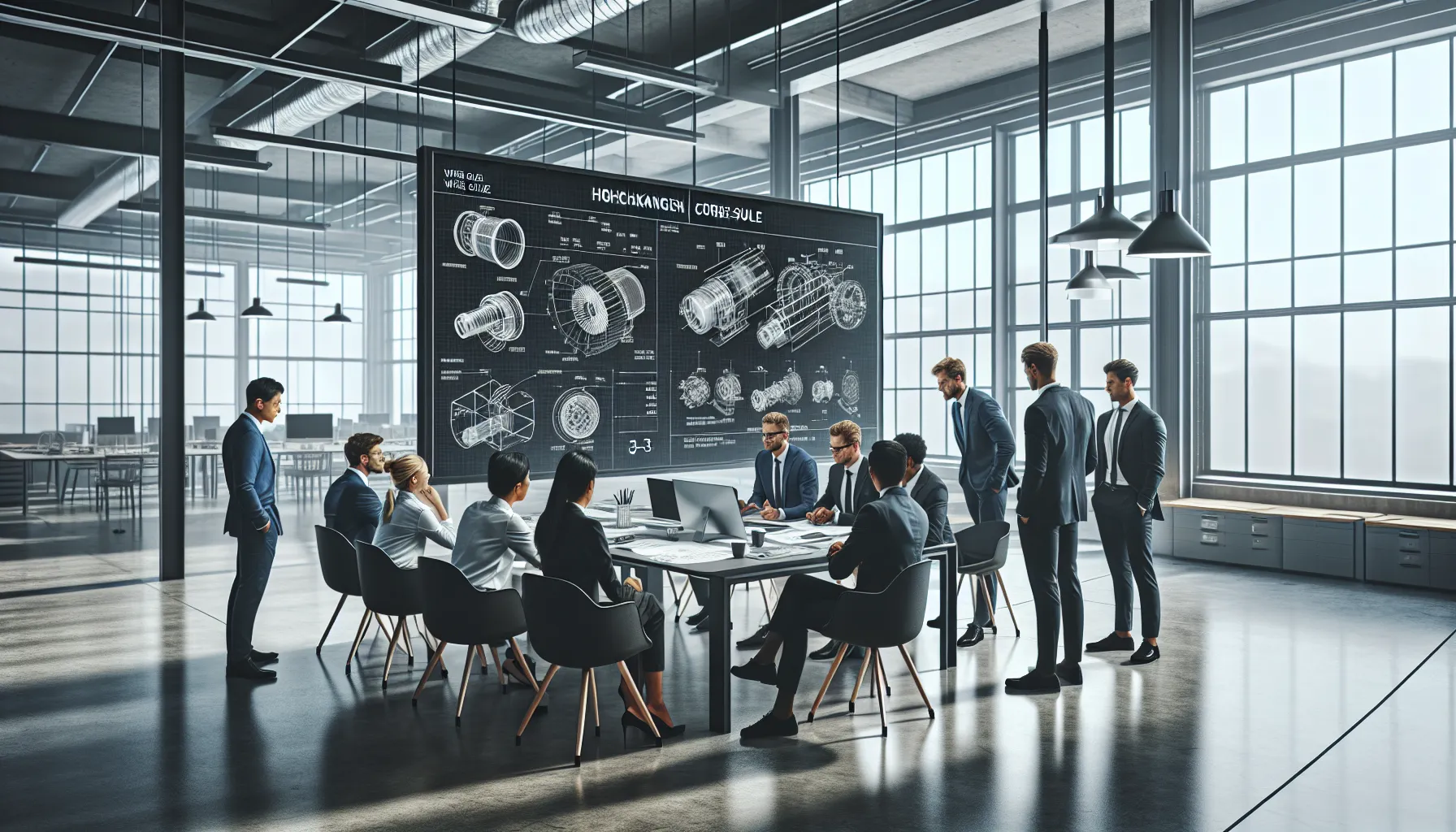 engineers discussing hochkantspule specifications in a modern office setting.
