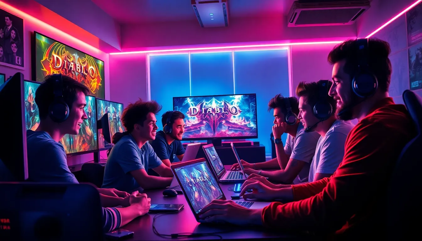 diverse gamers in a modern room playing Diablo IV together.