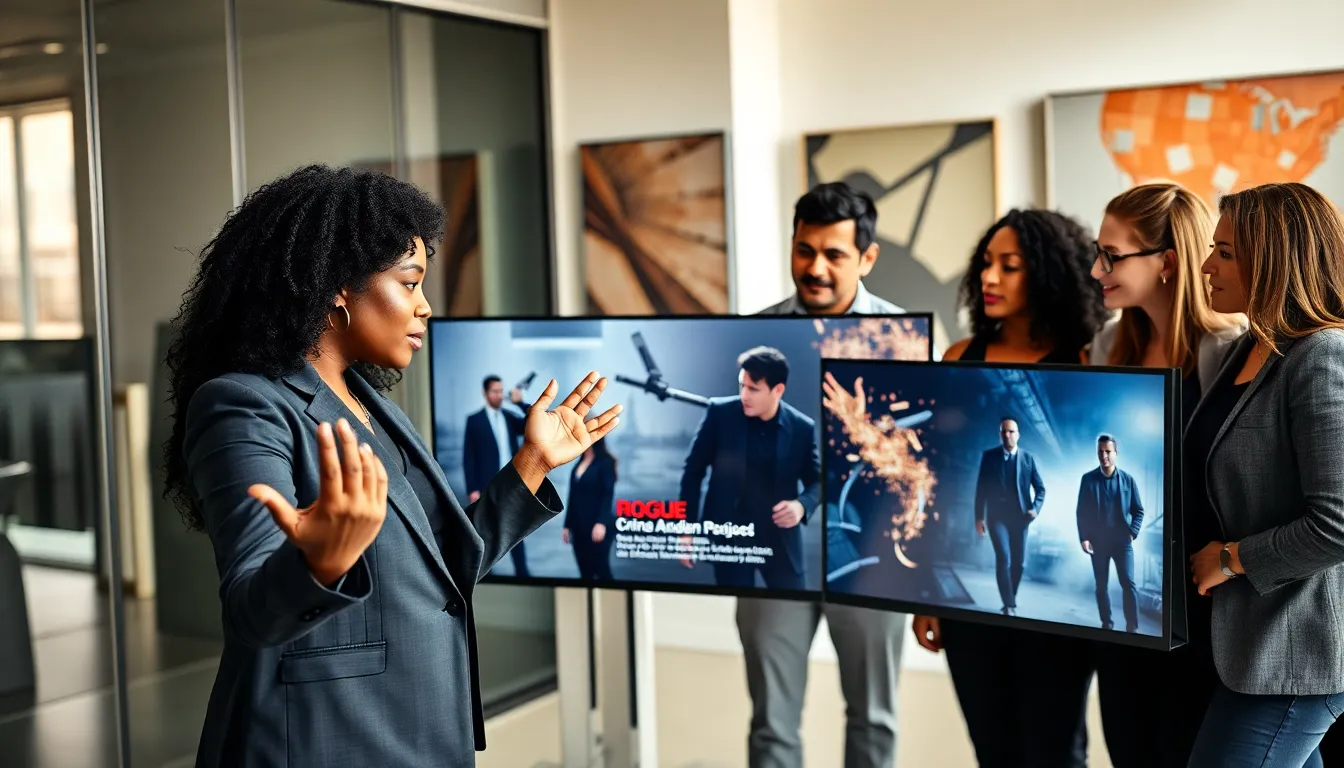 professionals discussing the Rogue TV series in a modern office setting.