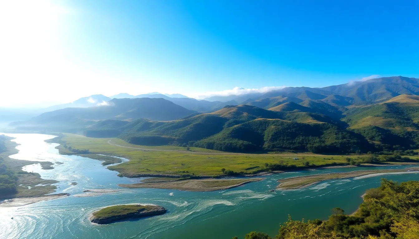 Scenic landscape of Kasotgarh with hills, valleys, and a river.