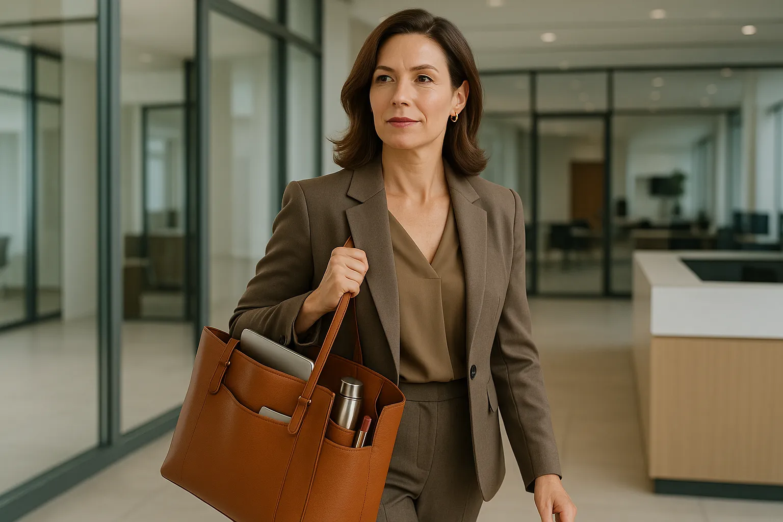 Professional woman with a classic leather tote in a modern office.