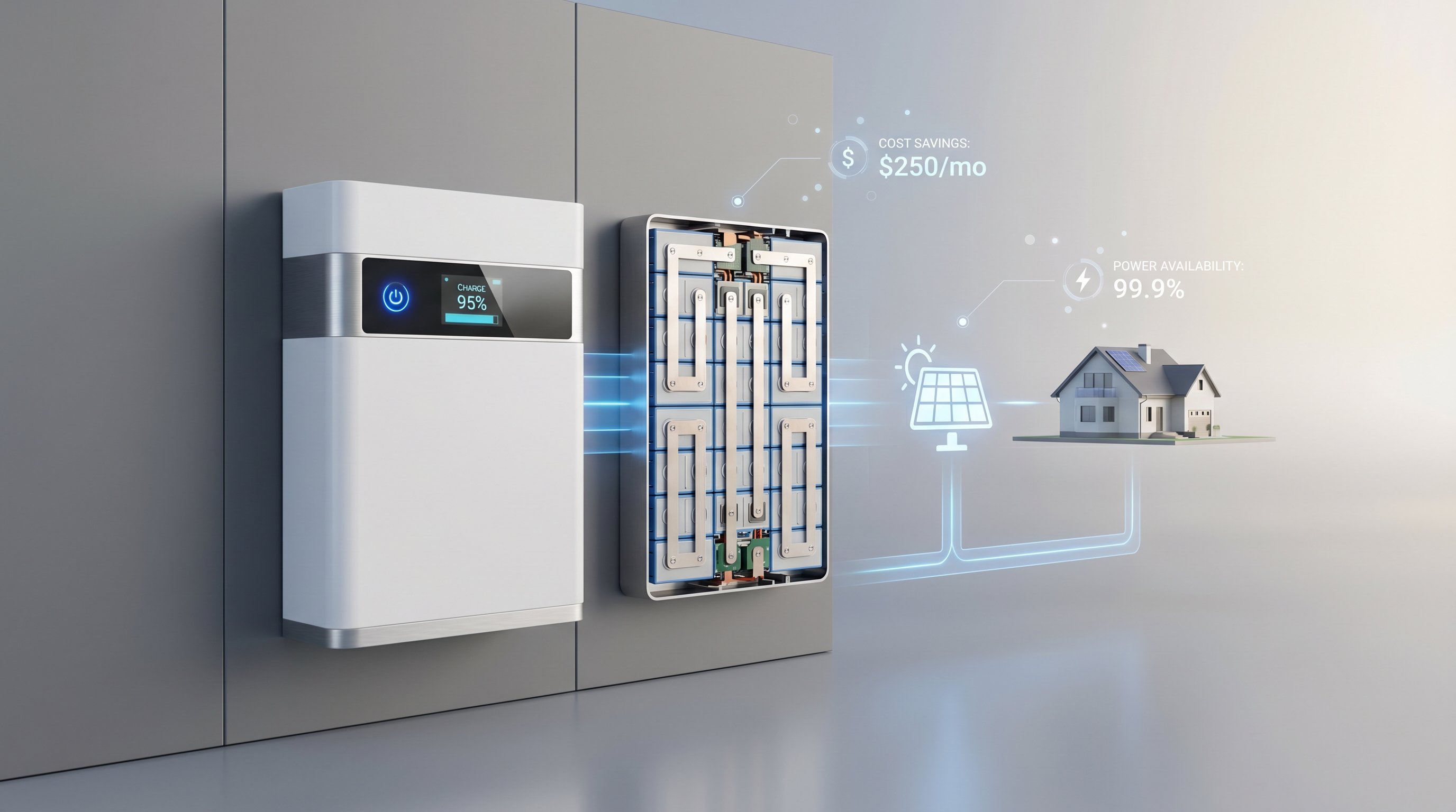 3D render of modern home battery backup system mounted in garage with energy flow visualization