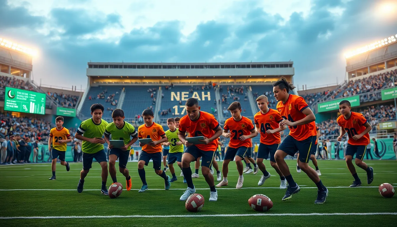 young football players training in a stadium, emphasizing analytics and sustainability