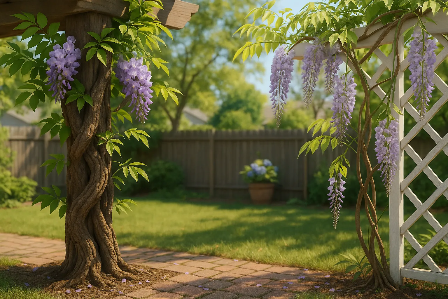Two wisteria vines showing compact clusters and long pendant racemes.