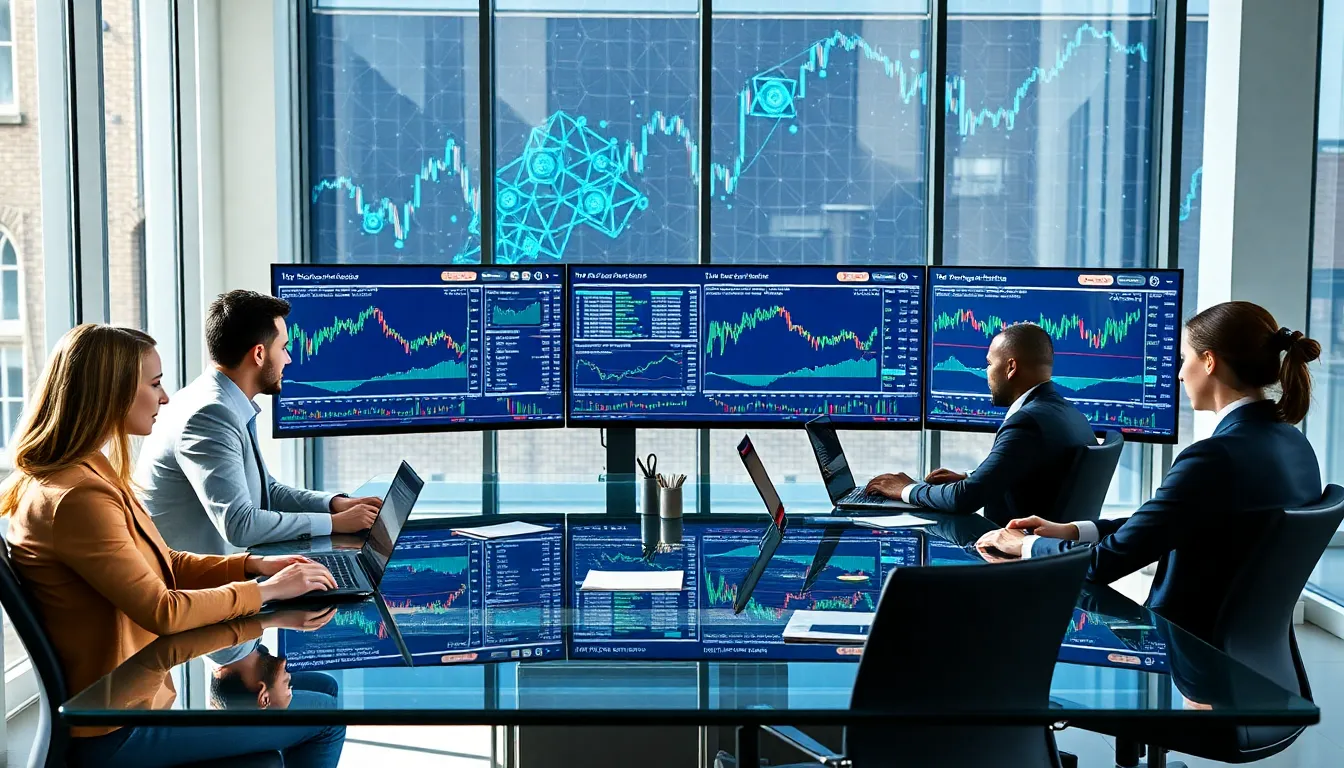 diverse professionals collaborating in a cryptocurrency trading office.