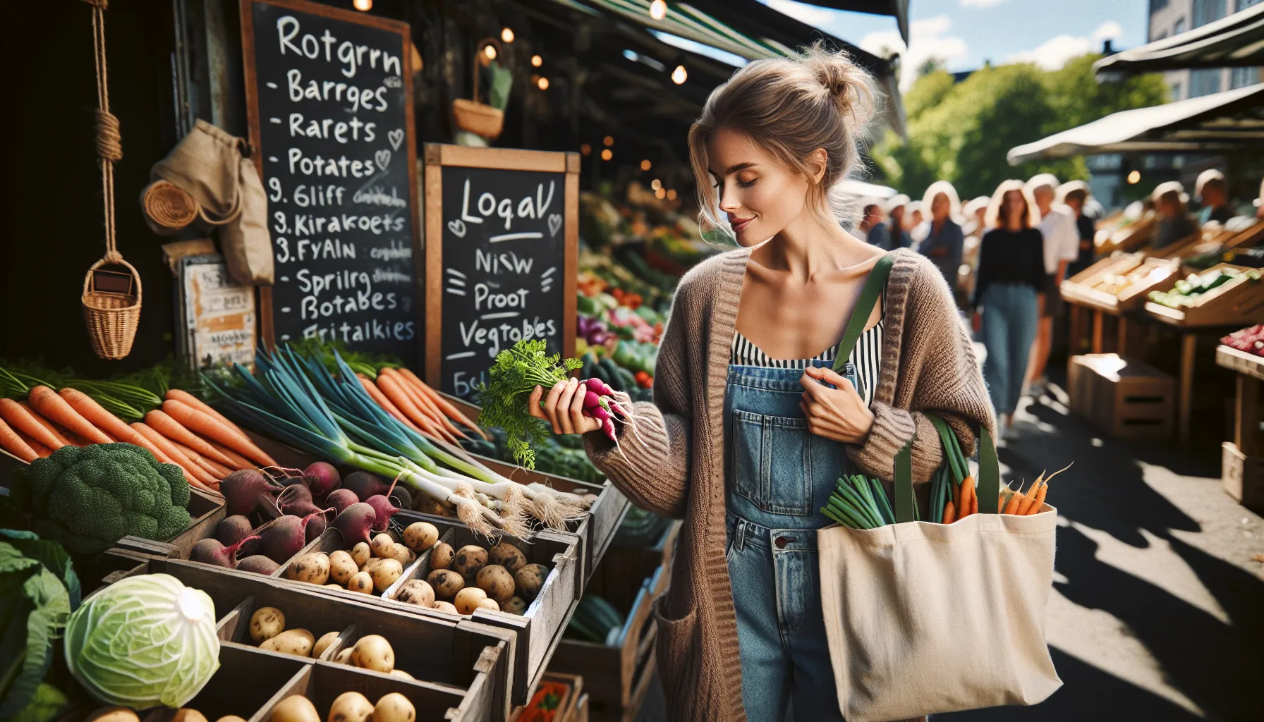 Slik lager du en bærekraftig ukemeny med kortreiste råvarer 3 Norwegian woman choosing seasonal local vegetables at an outdoor farmers market.
