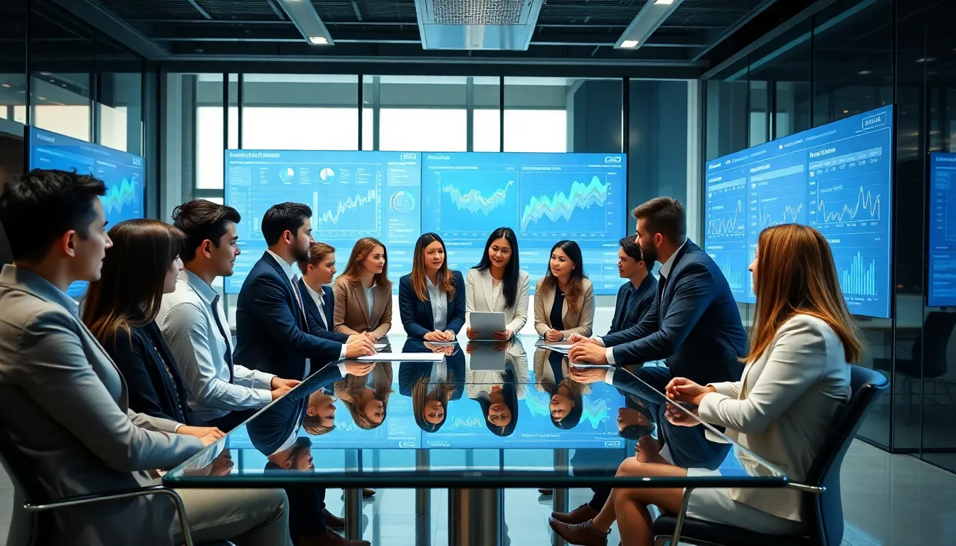 diverse team discussing data analytics in a modern office.