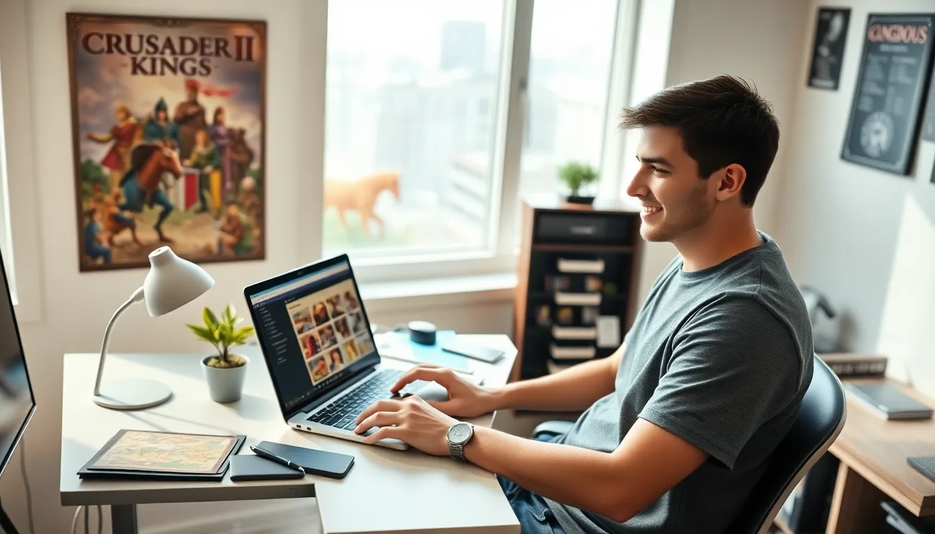 a young man creating game content on a laptop at a desk.