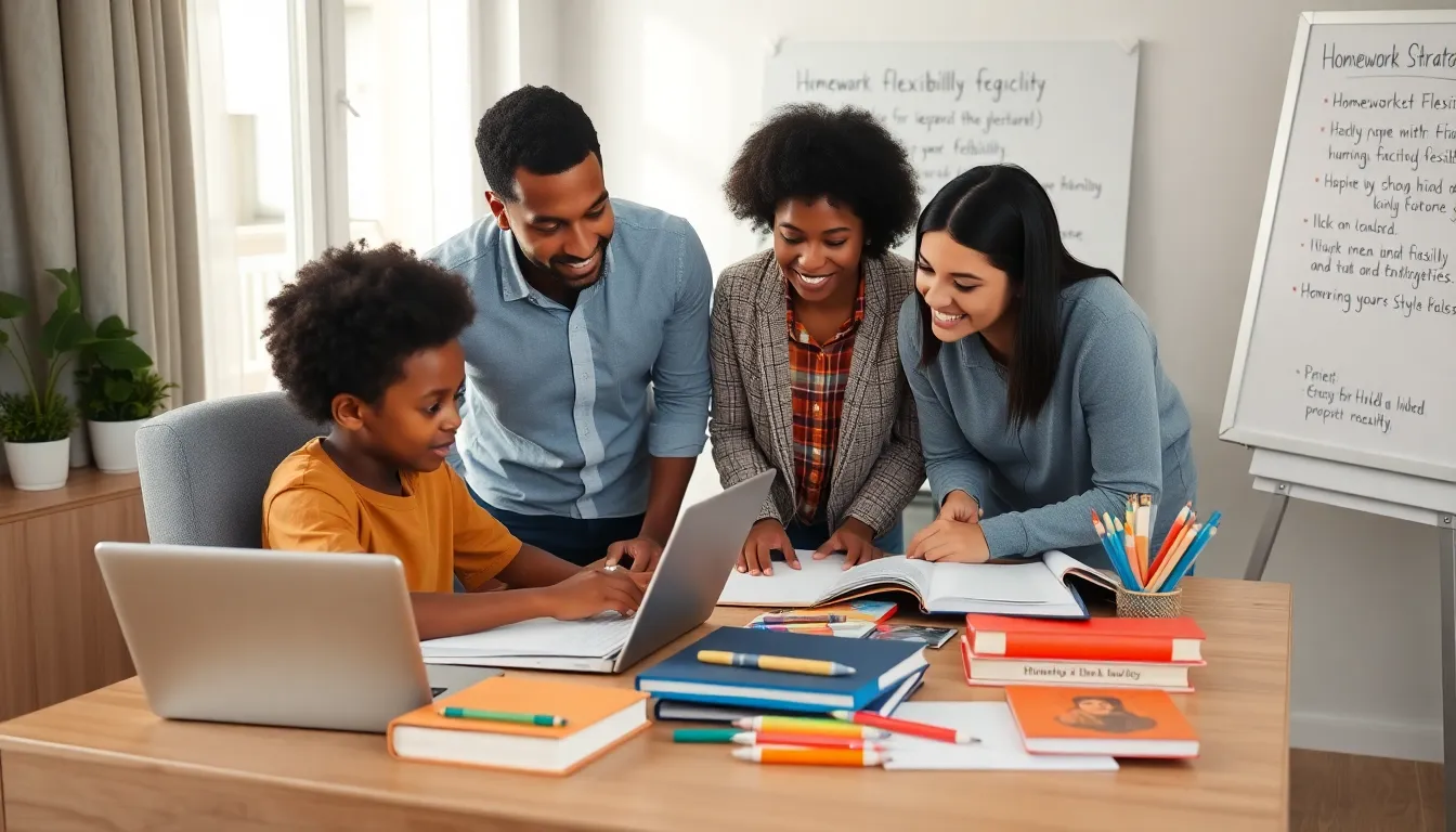 parents discussing homework strategies with their child in a modern home office.