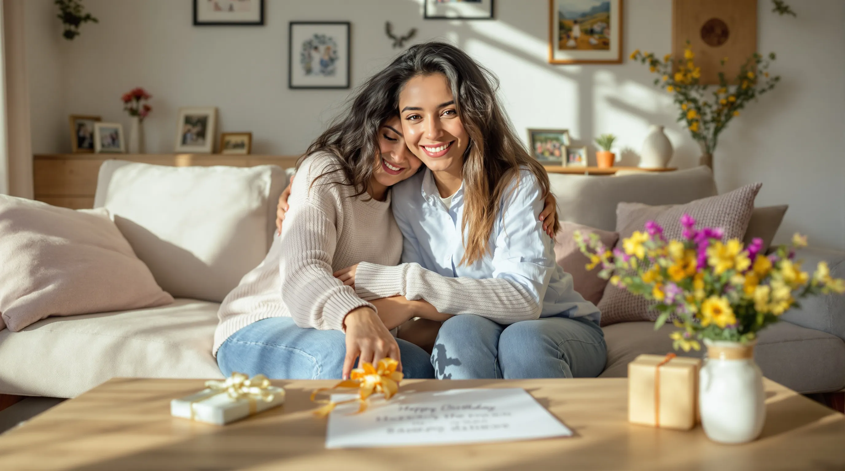 Mother hugging her daughter with a birthday card and gift in a sunlit living room.
