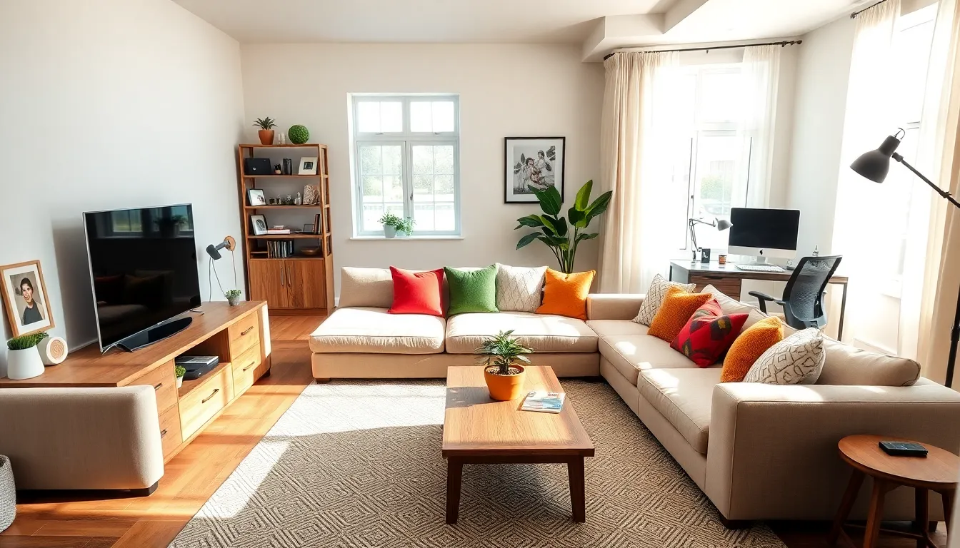 a cozy living room with a sectional sofa and an office desk nook.