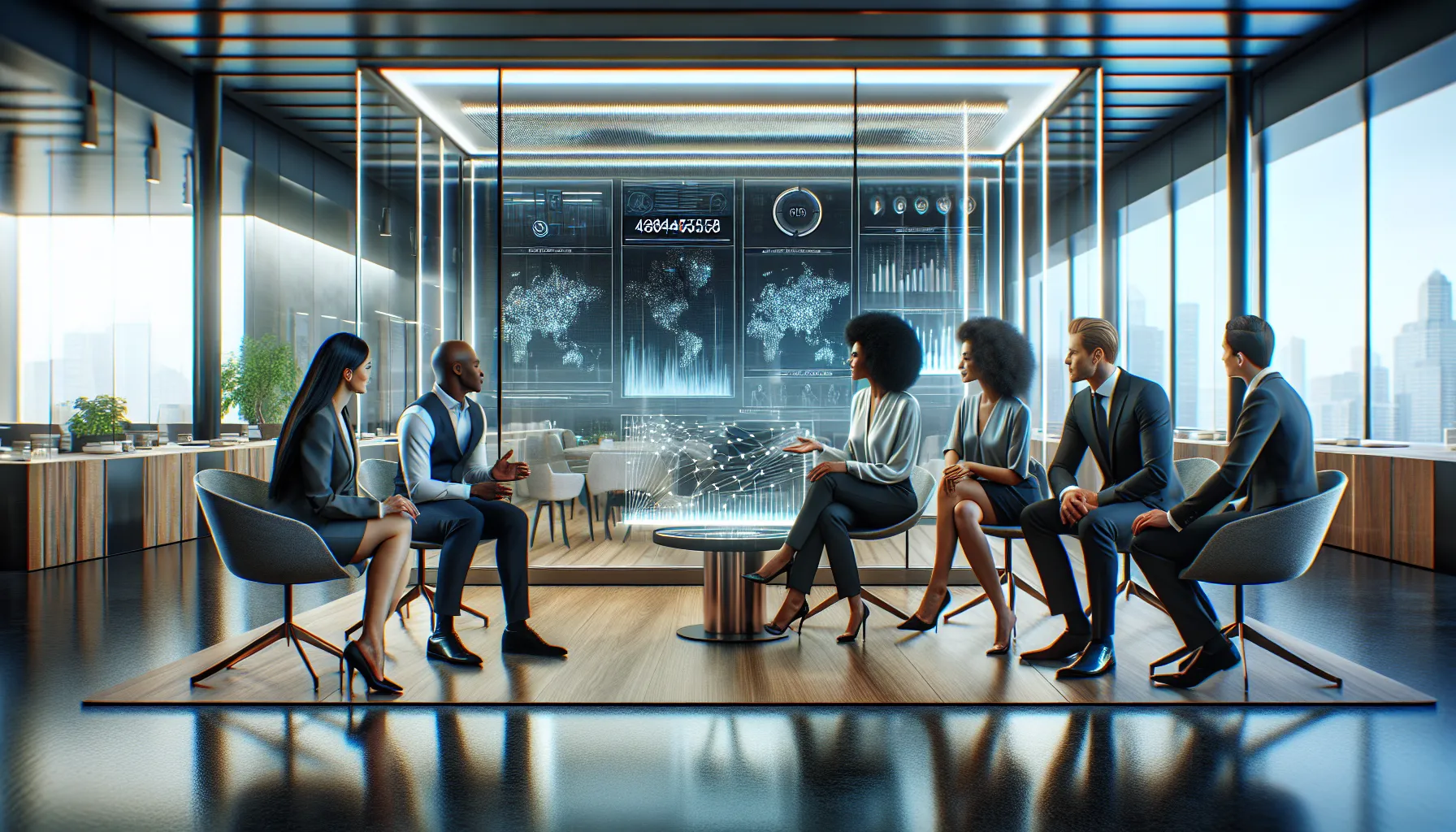 professionals collaborating in a modern office with data analytics display.