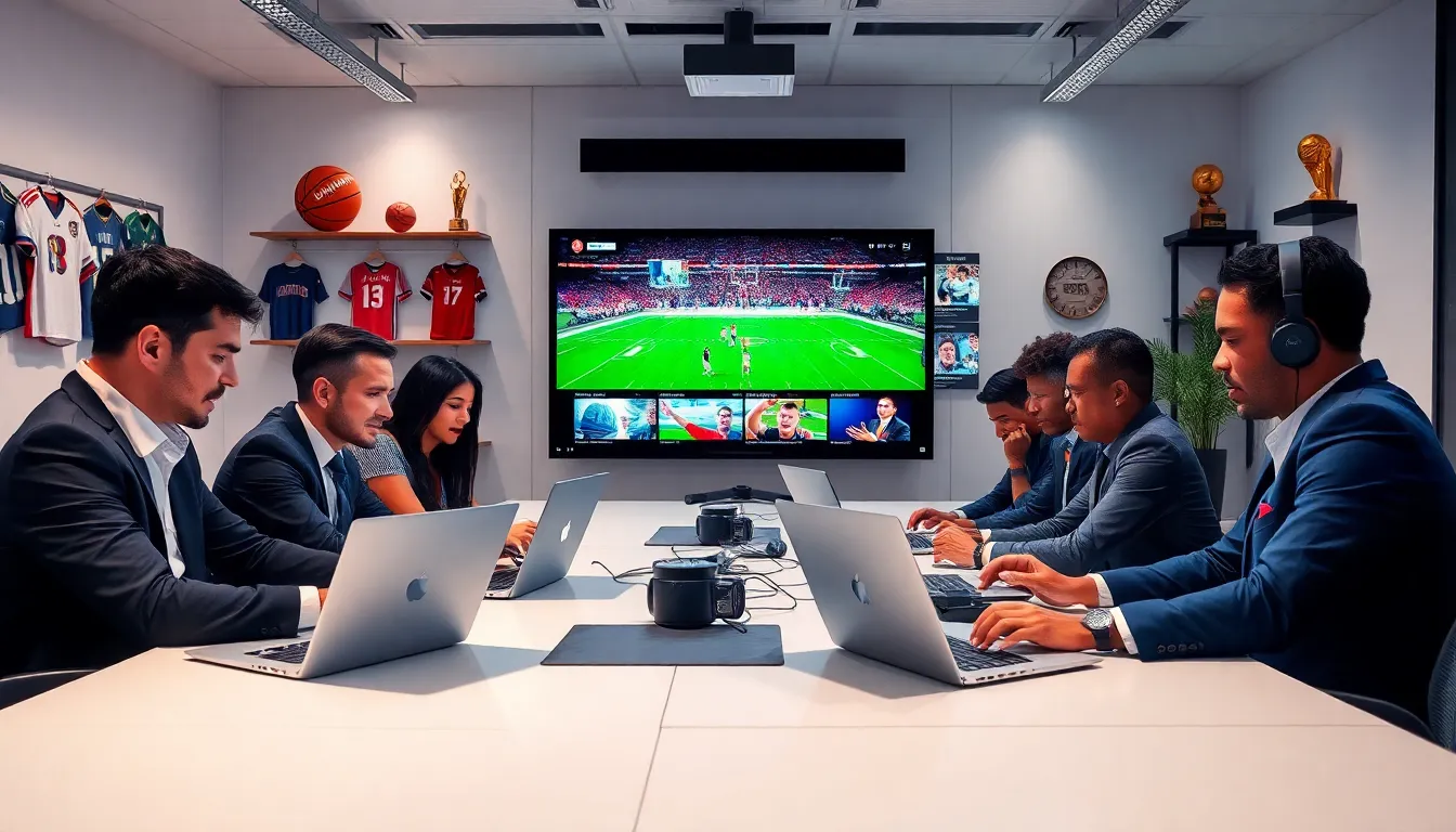 diverse team of journalists in a modern office discussing sports news.