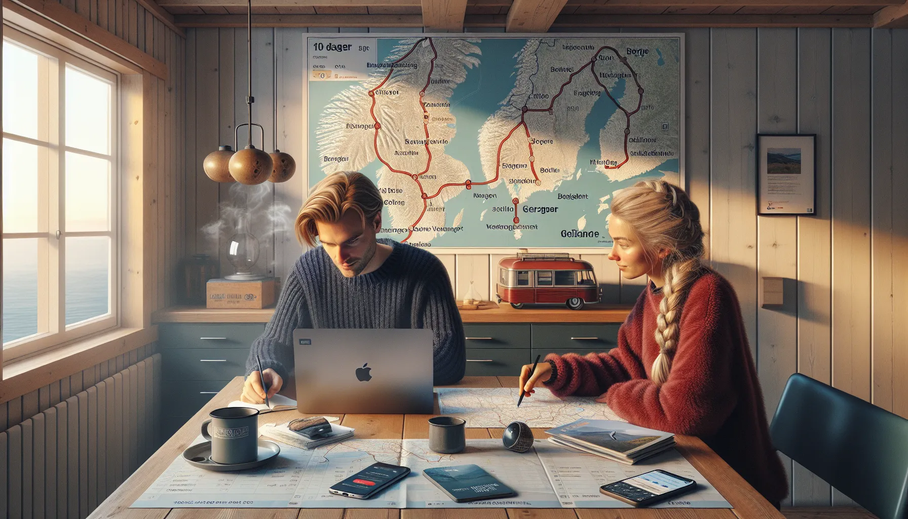 Couple in a cabin planning a norwegian fjord roadtrip with maps and laptop.