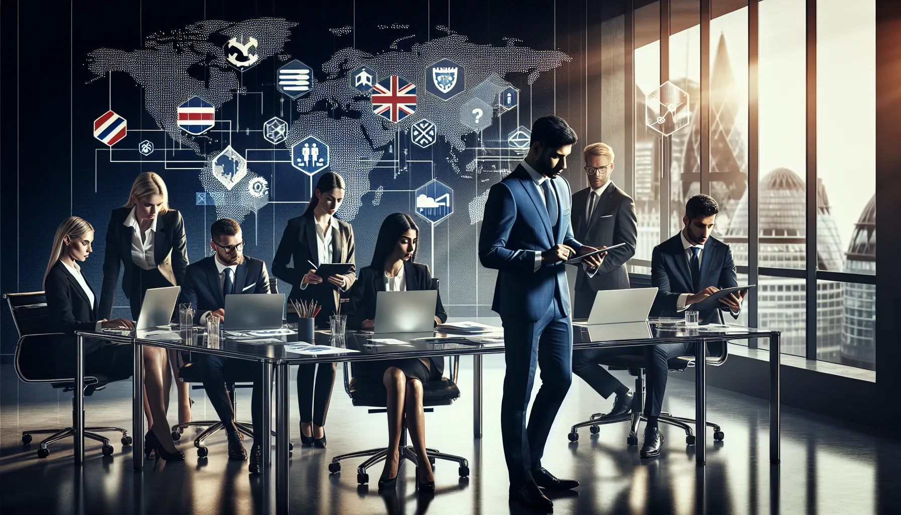 UK traders reviewing crypto regulatory information in a modern office setting.