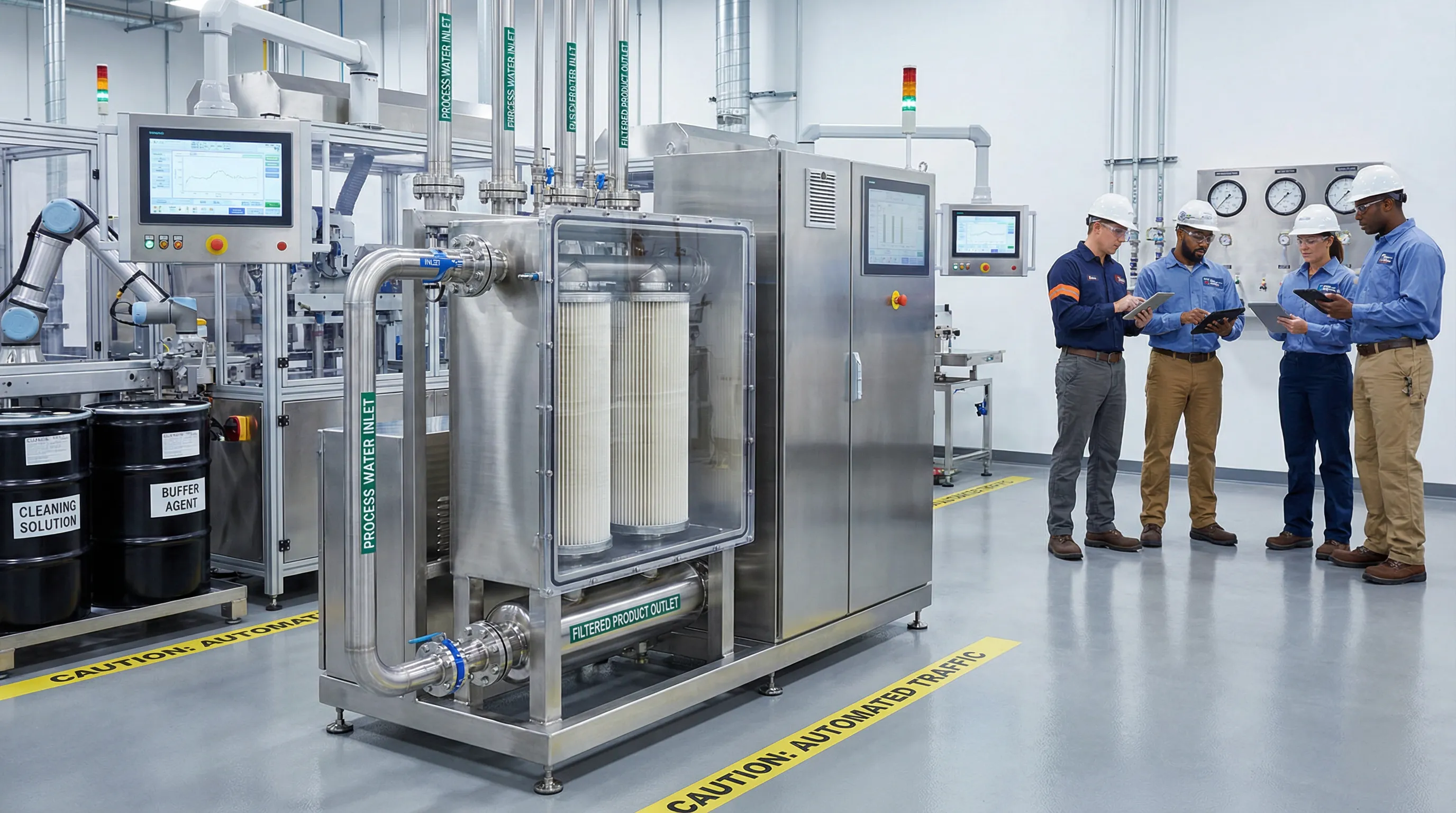 Engineers by a modern industrial filtration system in a clean manufacturing facility.