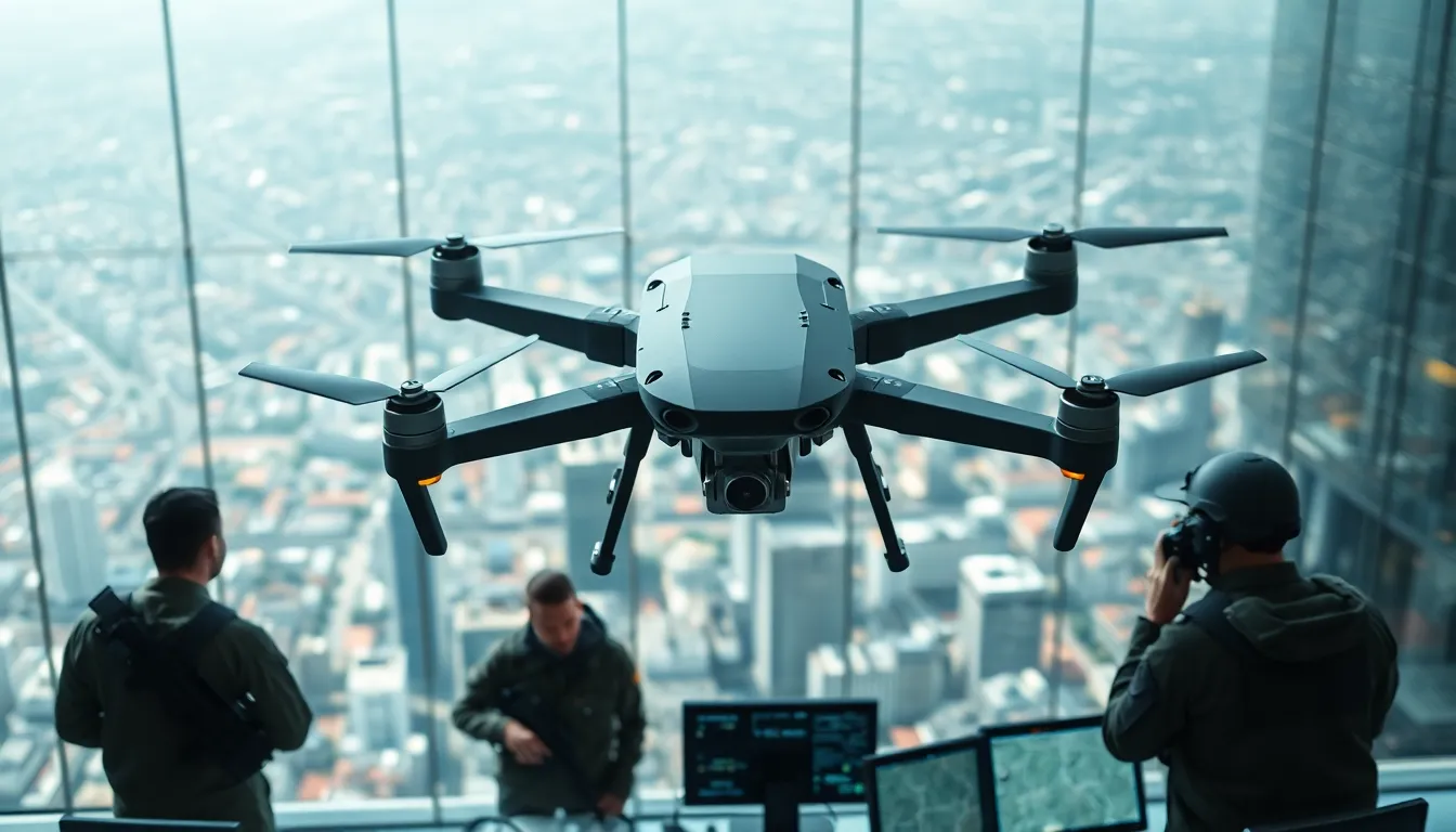 high-tech drone monitored by military professionals in a modern command center
