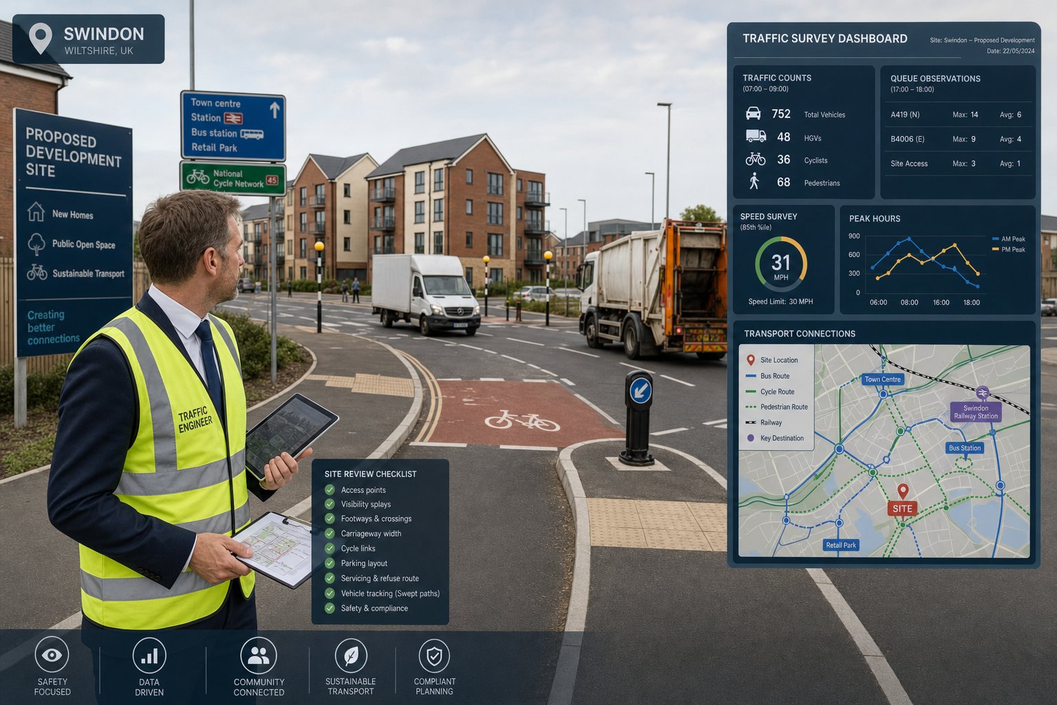 Traffic engineer reviewing a Swindon road layout near a development site.