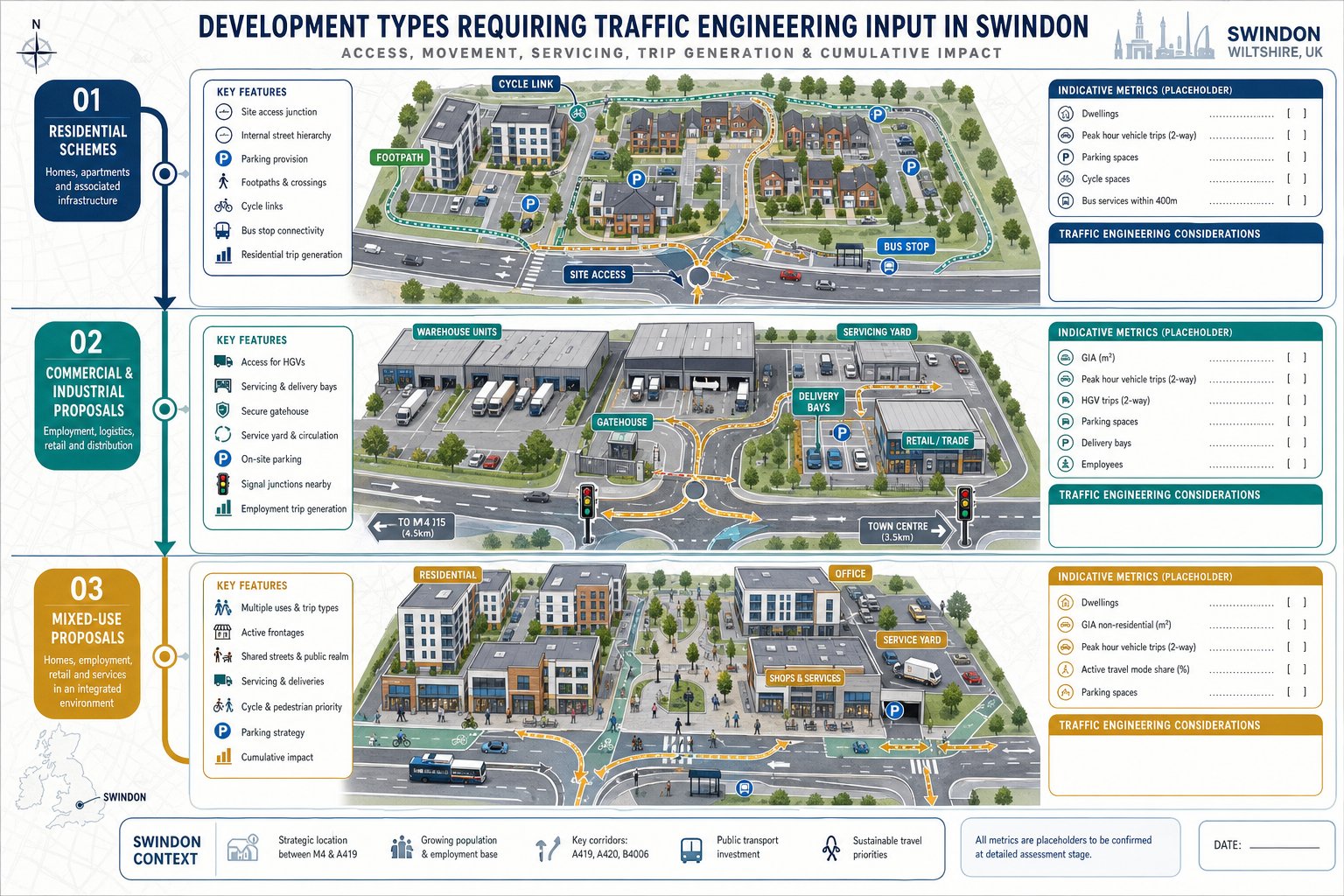 Infographic comparing residential, commercial, and mixed-use developments needing traffic engineering input.