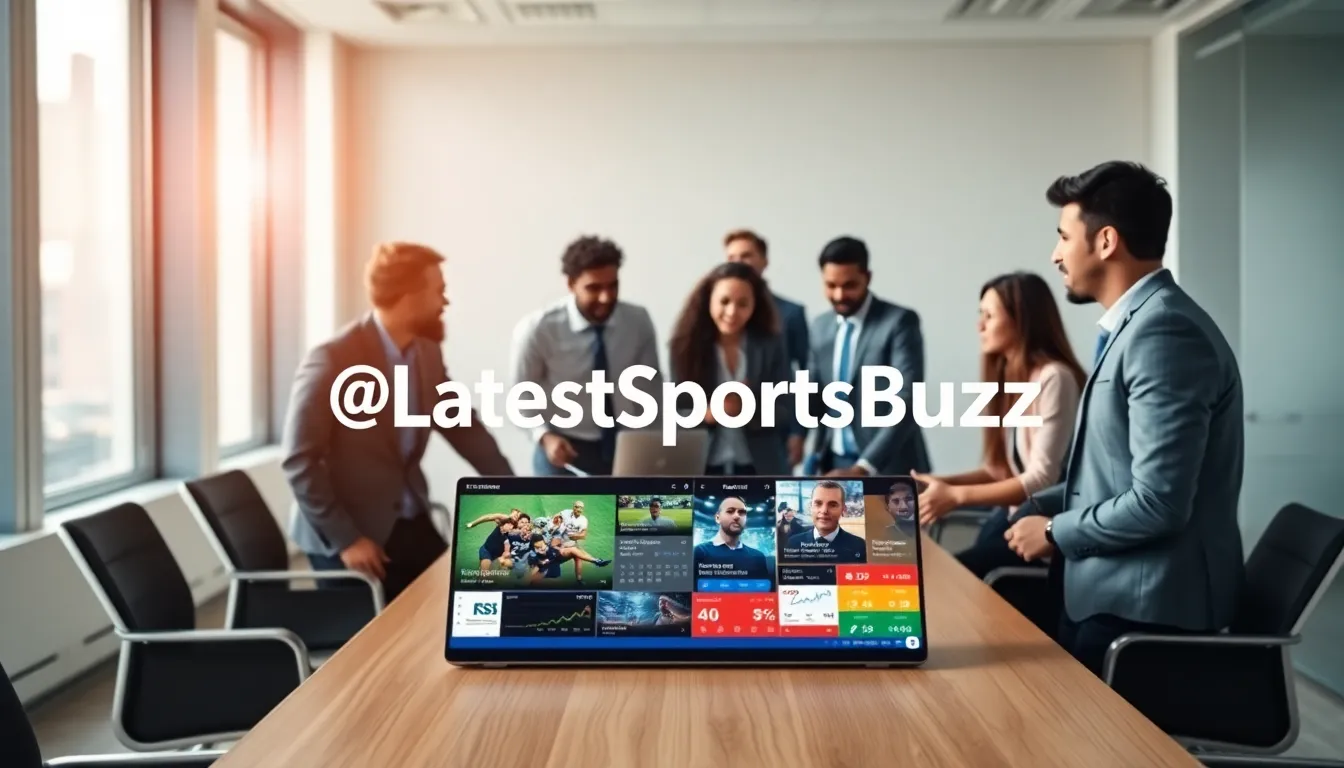 professionals discussing sports news in a modern office setting.