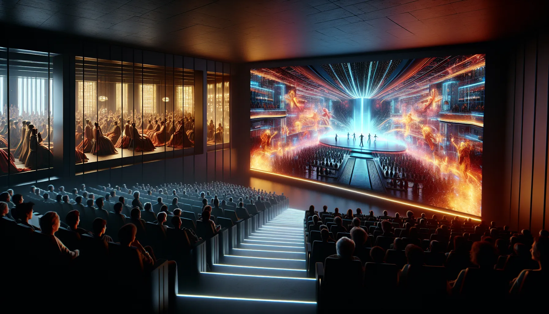 A cinema and live theater contrast, highlighting technological and performance differences.