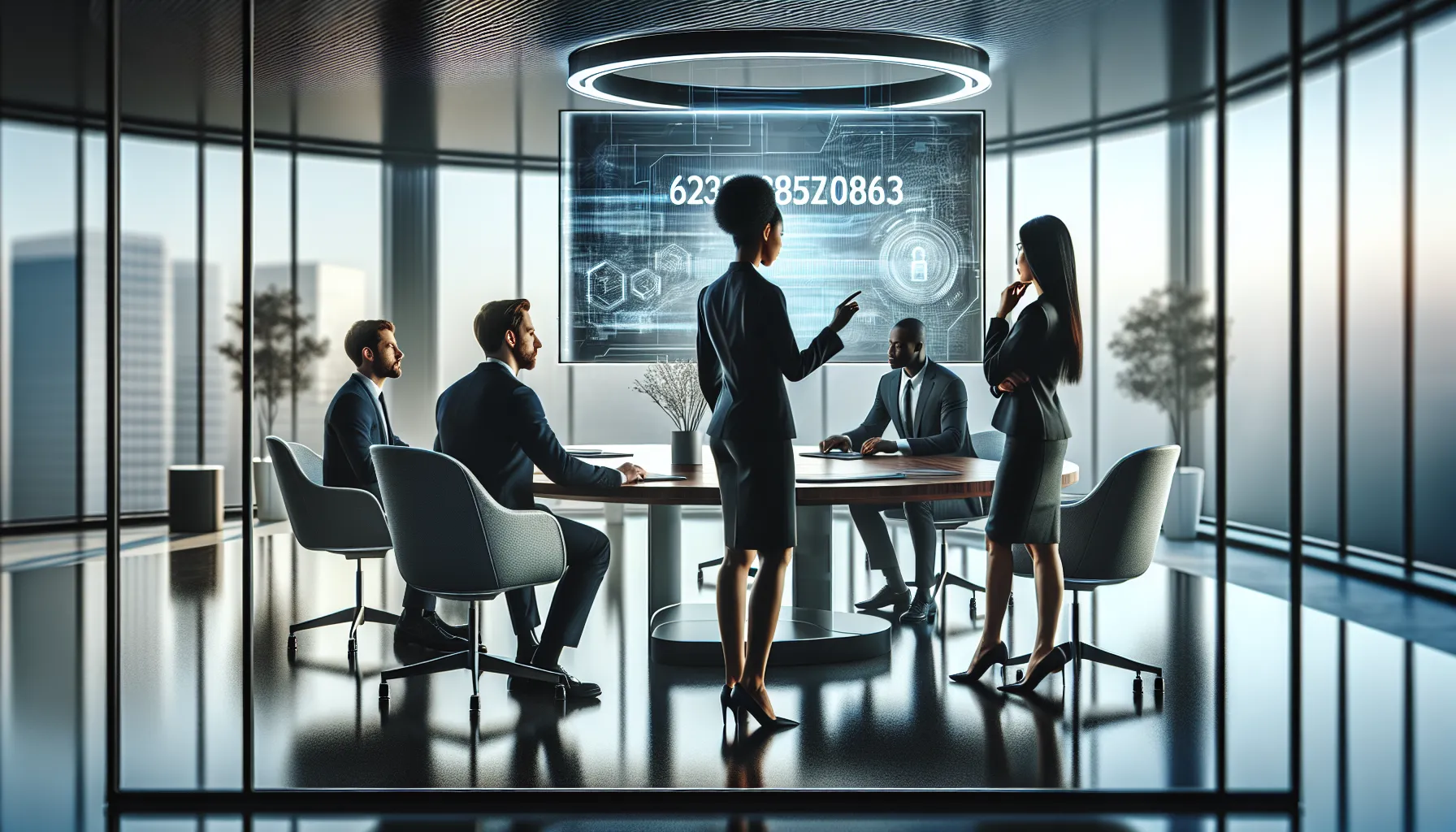 diverse professionals collaborating over a digital display in a modern office.