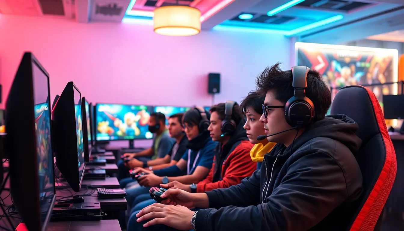 diverse gamers engaged with RoGrand525 in a modern gaming lounge.