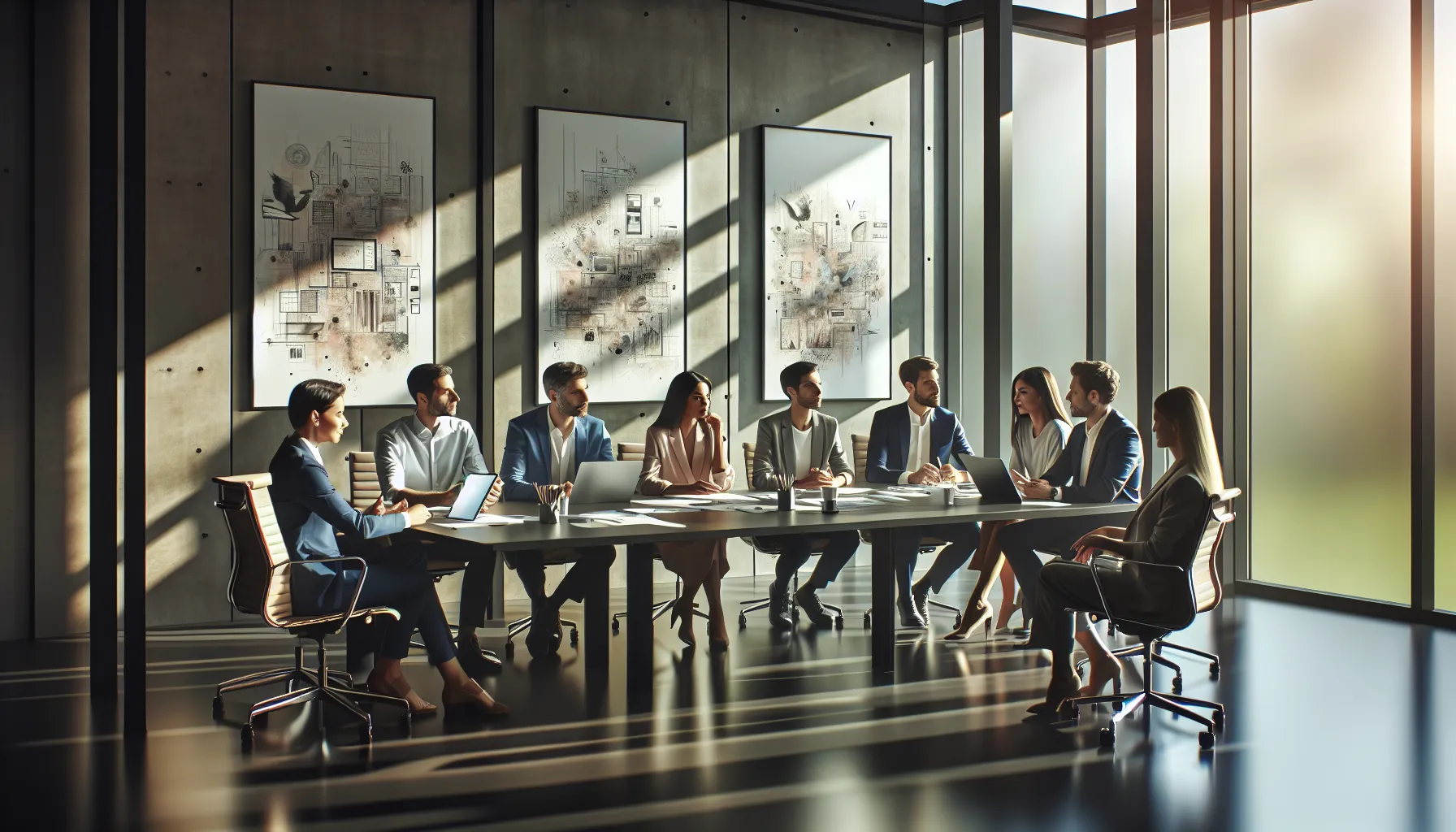 diverse professionals brainstorming in a modern conference room.