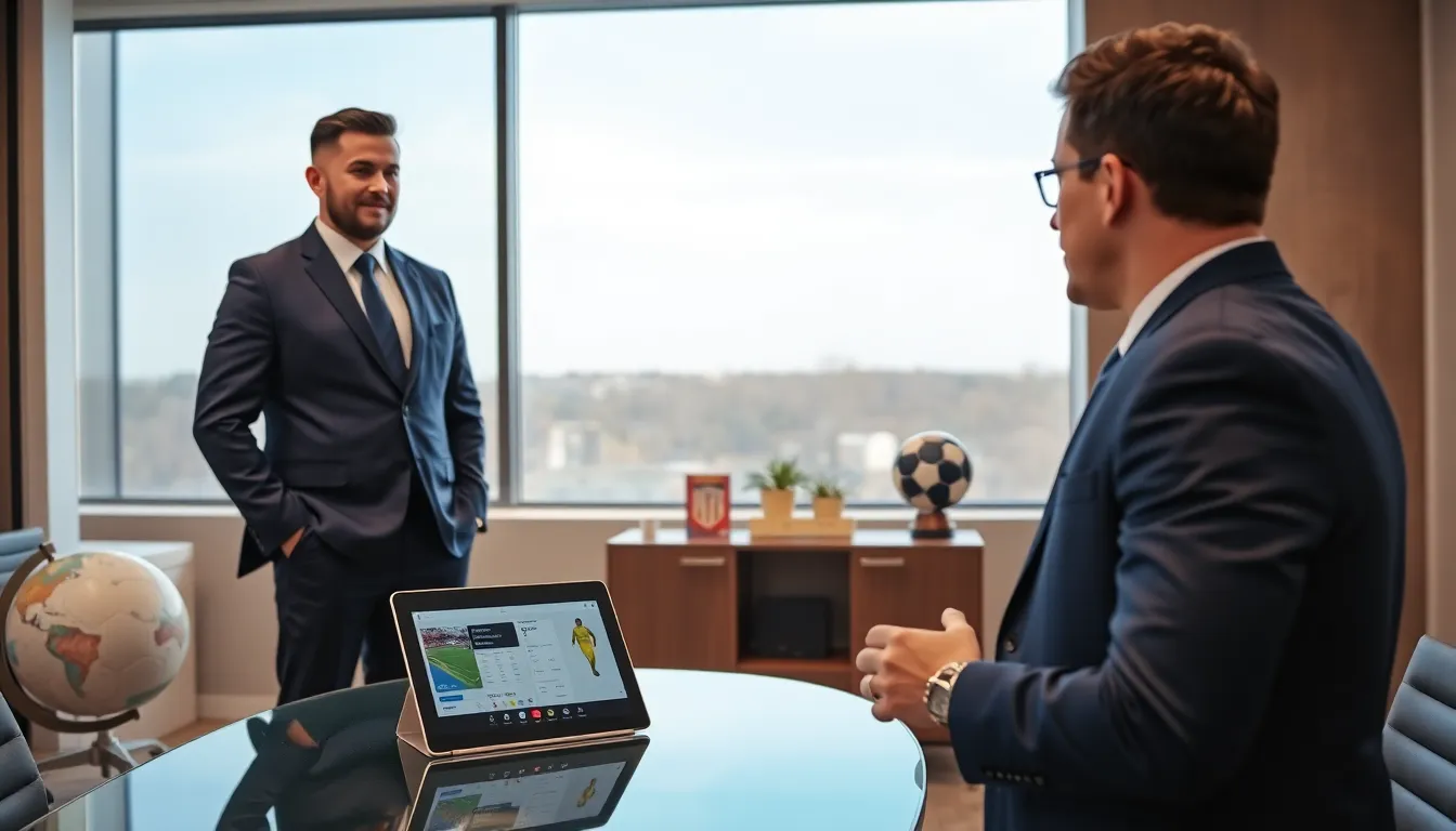 Soccer agent negotiating in a modern office setting.