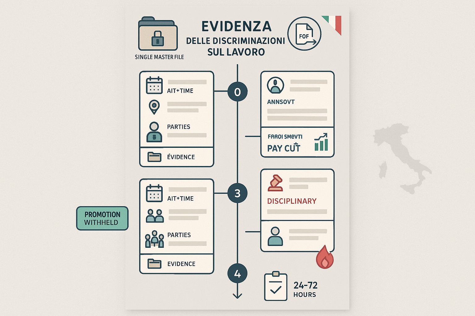 Cronologia verticale che mostra schede di incidenti datate con icone per posizione, persone, effetti e documenti.