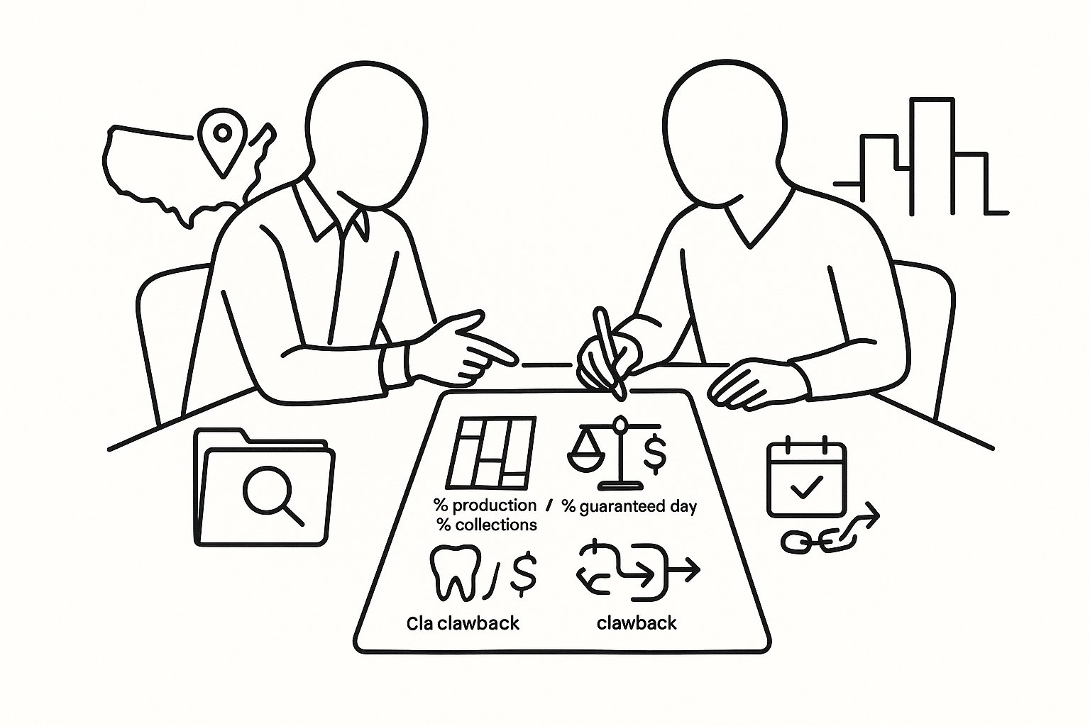 Attorney and dentist reviewing a contract with compensation icons and balance scale.