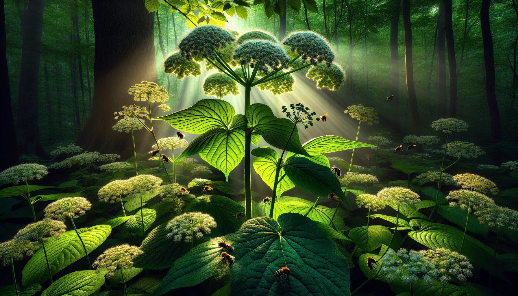 three toxic plants including poison ivy and giant hogweed in a forest.